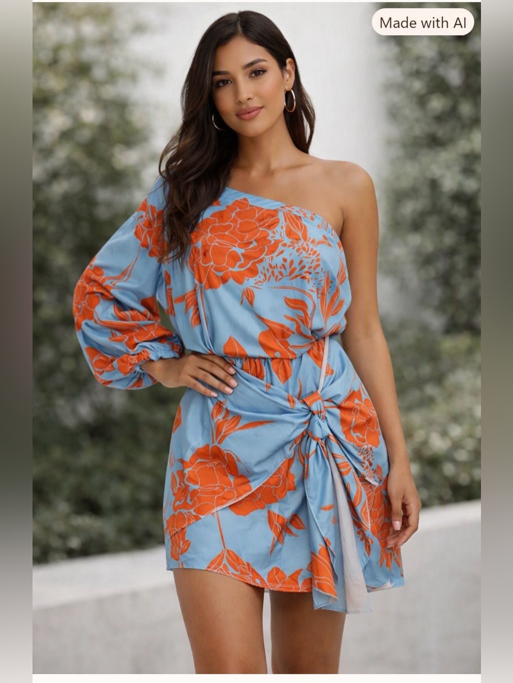 Chicken Blue & Orange Floral One-Shoulder Mini Dress Balloon Sleeve Wrap Tie S